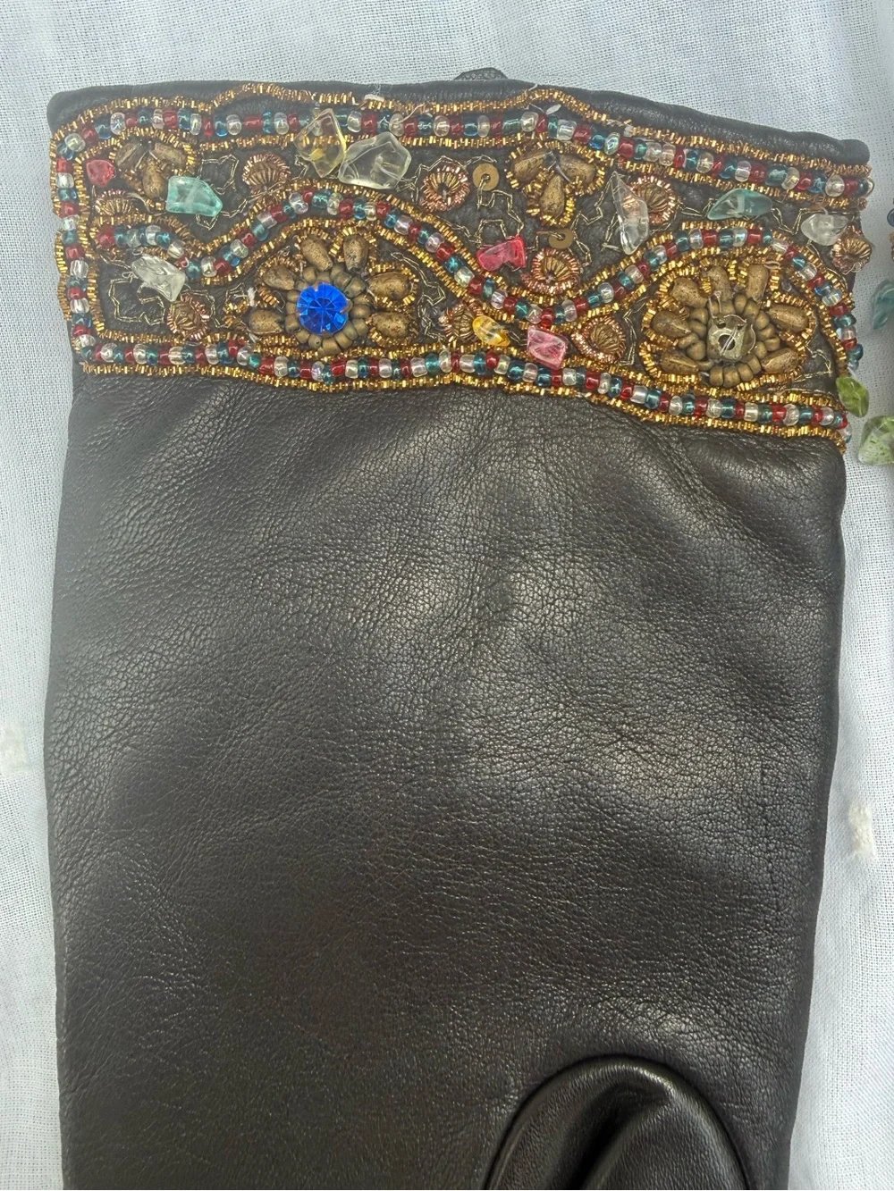 Vintage Beaded Cuff Genuine Leather Gloves Dark Brown Statement Accessories M